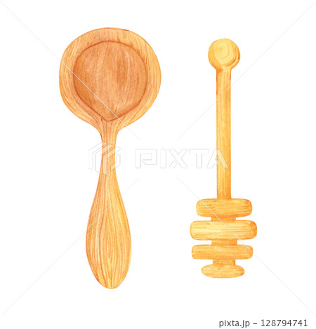 Hand drawn watercolor wooden spoon and deeper. Illustration isolated on white background. Can be used for postcards, scrapbooking and other printed products. 128794741