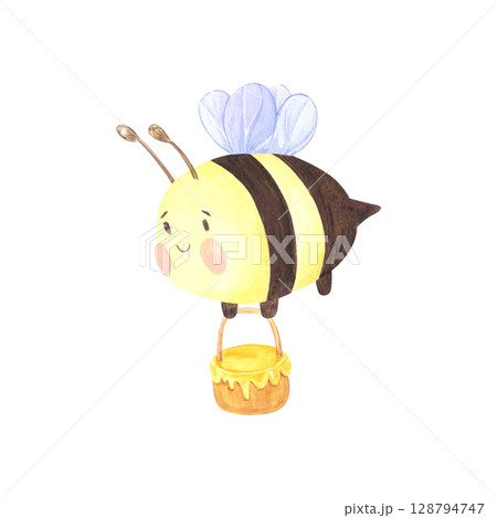 Honey bee with basket of pollen, hand drawn watercolor illustration isolated on white background. Can be used for label, postcards and other printed products. 128794747