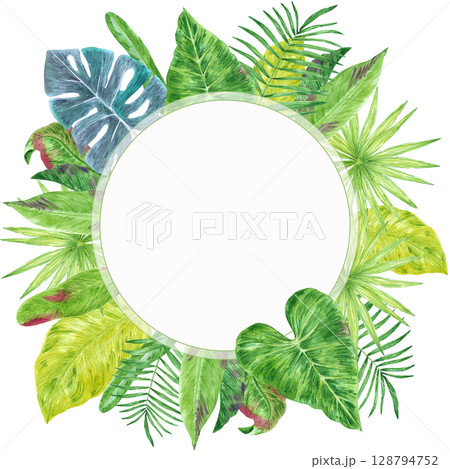 Tropical leaves wreath frame border, hand drawn watercolor illustration isolated on white background. Can be used for cards, invitation and other printed products. Tropical leaves wreath frame border, hand drawn watercolor illustration isolated on white background. Can be used for cards, invitation and other printed products. 128794752