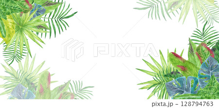 Tropical leaves banner frame border, hand drawn watercolor illustration isolated on white background. Can be used for banner, invitation and other printed products. 128794763