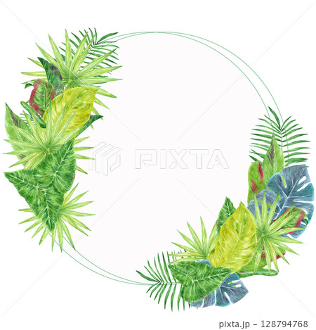 Tropical leaves wreath frame border, hand drawn watercolor illustration isolated on white background. Can be used for cards, invitation and other printed products. 128794768