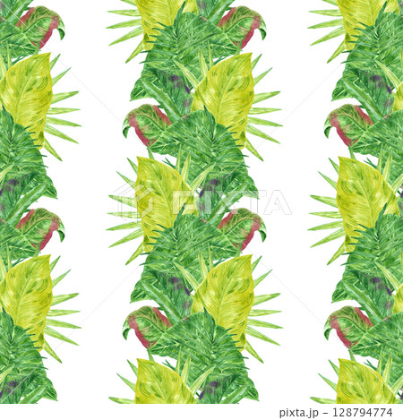 Tropical leaves seamless pattern, hand drawn watercolor rainforest illustration isolated on white background. Can be used for textile, fabric and other printed products. 128794774