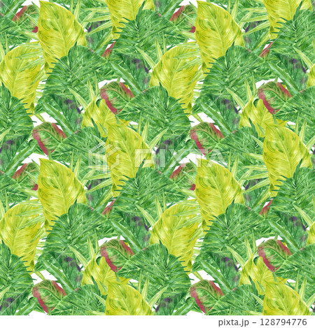 Tropical leaves seamless pattern, hand drawn watercolor rainforest bushes illustration isolated on white background. Can be used for textile, fabric and other printed products. 128794776