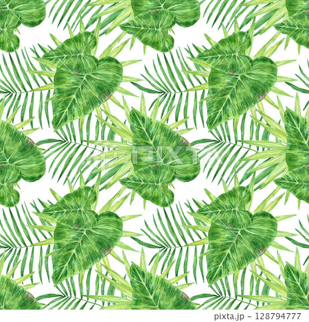 Tropical palm and monstera leaves seamless pattern, hand drawn watercolor rainforest illustration isolated on white background. Can be used for textile, fabric and other printed products. 128794777