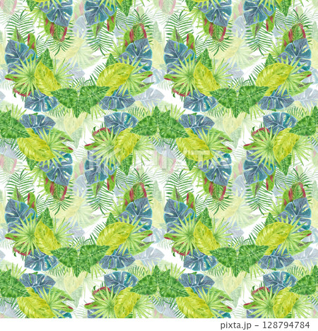 Tropical leaves seamless pattern, hand drawn watercolor rainforest bushes illustration isolated on white background. Can be used for textile, fabric and other printed products. 128794784