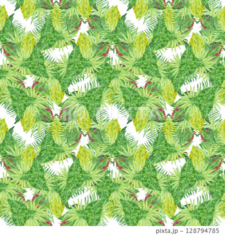 Tropical leaves seamless pattern, hand drawn watercolor rainforest bushes illustration isolated on white background. Can be used for textile, fabric and other printed products. 128794785