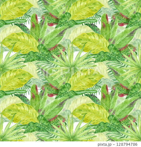 Tropical leaves seamless pattern, hand drawn watercolor rainforest bushes illustration isolated on white background. Can be used for textile, fabric and other printed products. 128794786