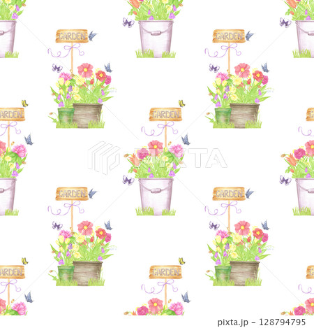 Hand drawn watercolor flowers in pots and boxes. Palisade composition seamless pattern isolated on white background. Can be used for textile, fabric, scrapbook and other printed products. Hand drawn watercolor flowers in pots and boxes. Palisade composition seamless pattern isolated on white background. Can be used for textile, fabric, scrapbook and other printed products. 128794795