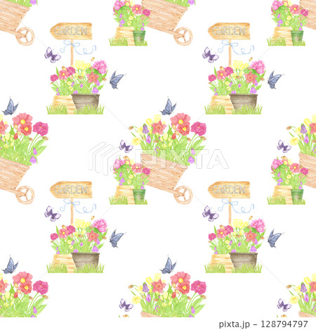 Hand drawn watercolor flowers in pots and cart. Palisade composition seamless pattern isolated on white background. Can be used for textile, fabric, scrapbook and other printed products. Hand drawn watercolor flowers in pots and cart. Palisade composition seamless pattern isolated on white background. Can be used for textile, fabric, scrapbook and other printed products. 128794797