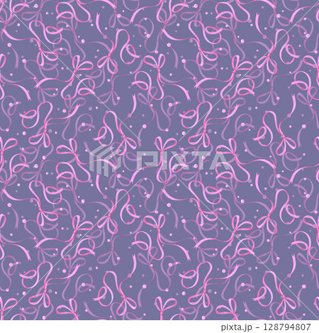 Hand drawn watercolor pink bow ribbon with confetti seamless pattern isolated on lavender background. Can be used for textile, fabric scrapbook and other printed products. Hand drawn watercolor pink bow ribbon with confetti seamless pattern isolated on lavender background. Can be used for textile, fabric scrapbook and other printed products. 128794807