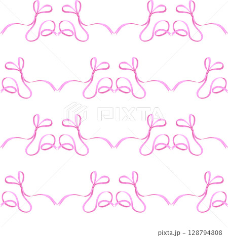 Hand drawn watercolor pink bow ribbon seamless pattern isolated on white background. Can be used for textile, fabric scrapbook and other printed products. 128794808