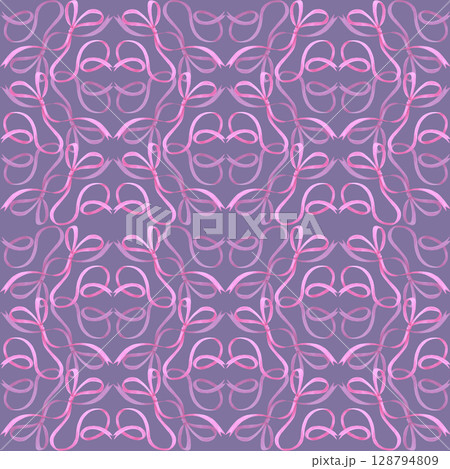 Hand drawn watercolor pink bow ribbon seamless pattern isolated on lavender background. Can be used for textile, fabric scrapbook and other printed products. 128794809