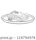 Salmon steak with herbs drawing isolated on white background for menu design. Vintage engraved sketch. Seafood fish drawing collection 128794978