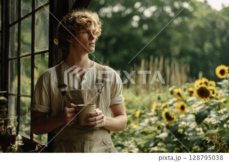 A woman with gray hair sits peacefully while reading a book in a humid subtropical environment. The tall grass sways gently around her, creating a serene atmosphere 128795038