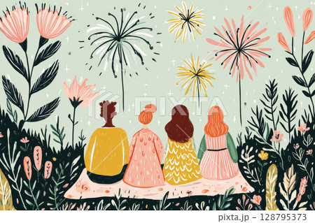 A group of four friends sits on a blanket surrounded by flowers, drinking and enjoying vibrant fireworks that illuminate the night sky, creating a joyful atmosphere A group of four friends sits on a blanket surrounded by flowers, drinking and enjoying vibrant fireworks that illuminate the night sky, creating a joyful atmosphere 128795373