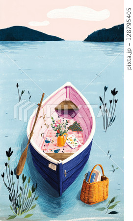A small boat is anchored on tranquil waters, featuring a charming picnic setup with a tablecloth, food, drinks, and a pink umbrella, creating a relaxing atmosphere 128795405