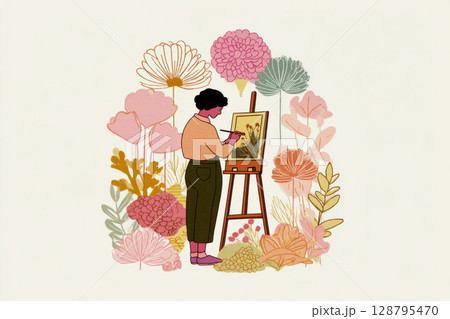 A painter passionately captures the beauty of various colorful flowers on their canvas while standing in a tranquil outdoor location. Nature serves as the perfect backdrop A painter passionately captures the beauty of various colorful flowers on their canvas while standing in a tranquil outdoor location. Nature serves as the perfect backdrop 128795470
