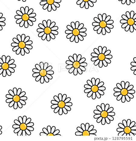 seamless pattern with cartoon daisy flower with yellow center and white petals 128795591