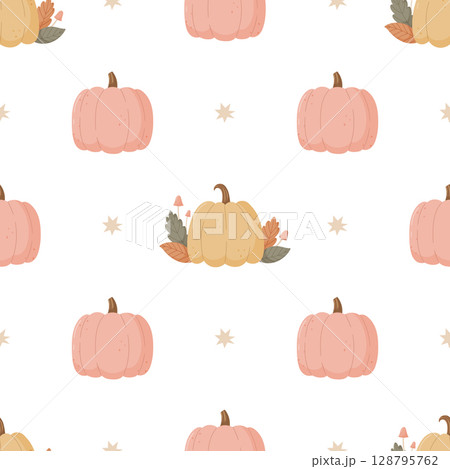Minimal pastel pumpkin seamless pattern with stars and leaves on a white background. Minimal pastel pumpkin seamless pattern with stars and leaves on a white background. 128795762