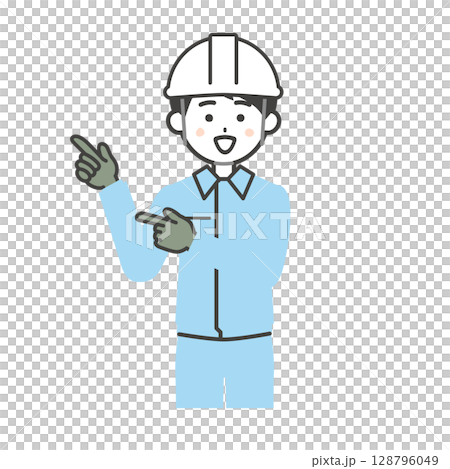 両手で横を指すヘルメットをかぶり作業服を着た笑顔の男性イラスト 両手で横を指すヘルメットをかぶり作業服を着た笑顔の男性イラスト 128796049