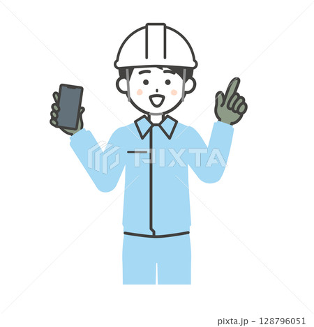 スマホをもって指を立てるヘルメットをかぶり作業服を着た男性イラスト 128796051