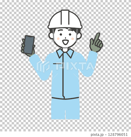 スマホをもって指を立てるヘルメットをかぶり作業服を着た男性イラスト 128796051
