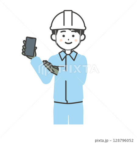 持ったスマホを指すヘルメットをかぶり作業服を着た男性イラスト 持ったスマホを指すヘルメットをかぶり作業服を着た男性イラスト 128796052