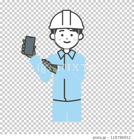 Illustration of a man wearing a helmet and work clothes pointing at a smartphone 128796052