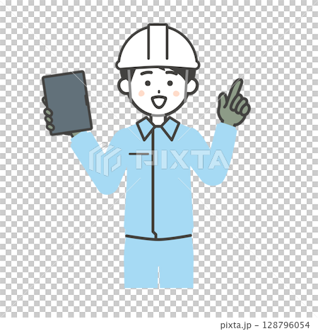 圖：一位面帶微笑、身穿工作服的男子手持平板電腦並指向上方 128796054