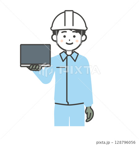 ノートパソコンを持つヘルメットをかぶり作業服を着た男性イラスト 128796056
