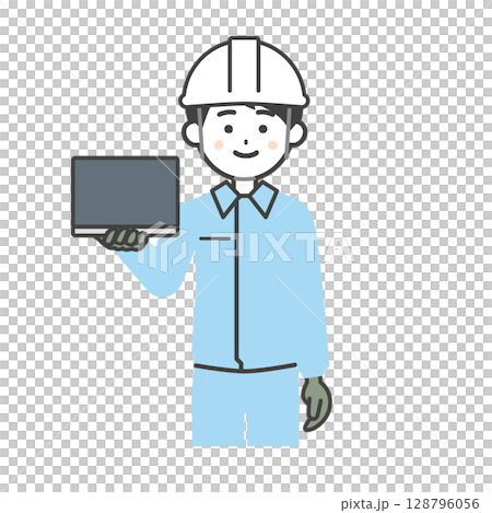 一名身穿工作服、頭戴頭盔、手持筆記型電腦的男子的插圖 128796056