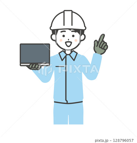 ノートパソコンを持って指を立てるヘルメットをかぶり作業服を着た男性イラスト 128796057