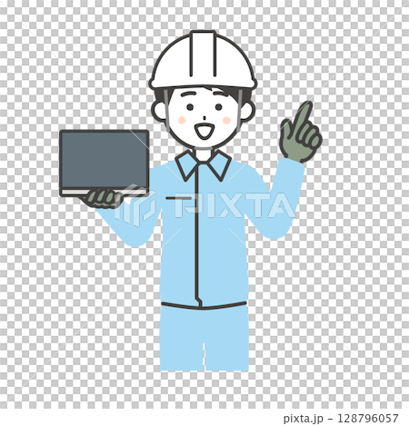 Illustration of a man wearing a helmet and work clothes holding a laptop and pointing up Illustration of a man wearing a helmet and work clothes holding a laptop and pointing up 128796057