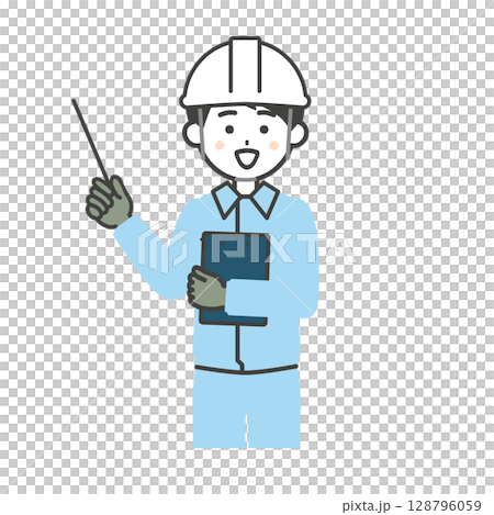 Illustration of a man wearing a helmet and work clothes pointing with a pointer 128796059