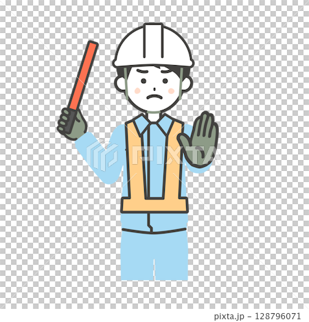 Illustration of a man in work clothes urging someone to stop 128796071