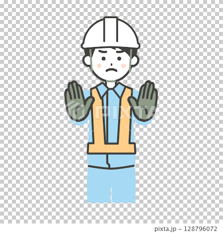 Illustration of a man in work clothes urging someone to stop 128796072