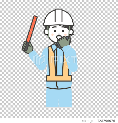 Illustration of a man in work clothes holding a guide stick and talking on a walkie-talkie 128796076