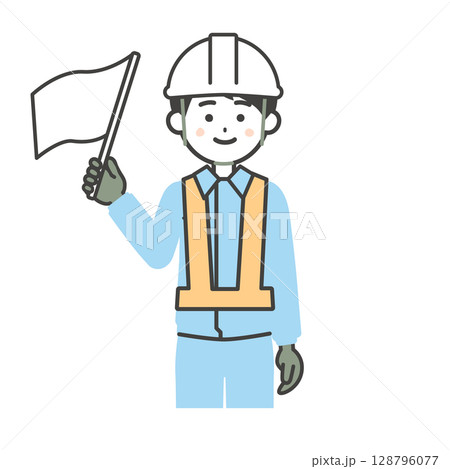 白い旗を上げる作業服姿の男性イラスト 128796077