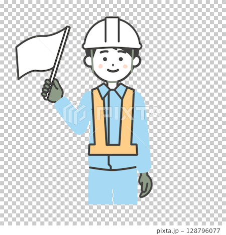 白い旗を上げる作業服姿の男性イラスト 128796077