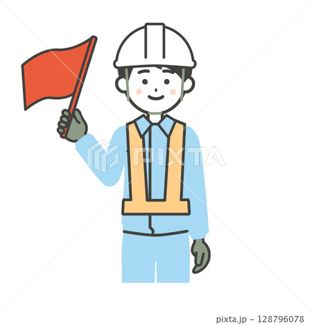 赤い旗を上げる作業服姿の男性イラスト 128796078
