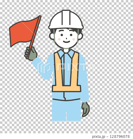 赤い旗を上げる作業服姿の男性イラスト 128796078