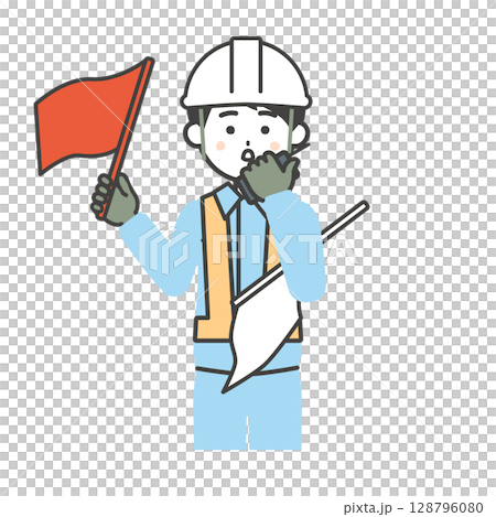 赤旗を上げてトランシーバーで話す作業服姿の男性イラスト 128796080