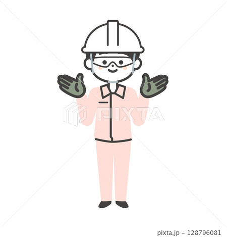 保護具を着用した3頭身の作業服姿の男性イラスト 128796081