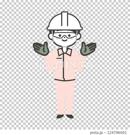保護具を着用した3頭身の作業服姿の男性イラスト 128796081