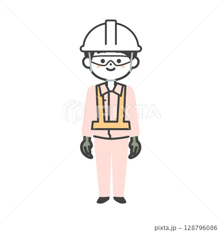 保護具を着用した3頭身の作業服姿の男性イラスト 128796086