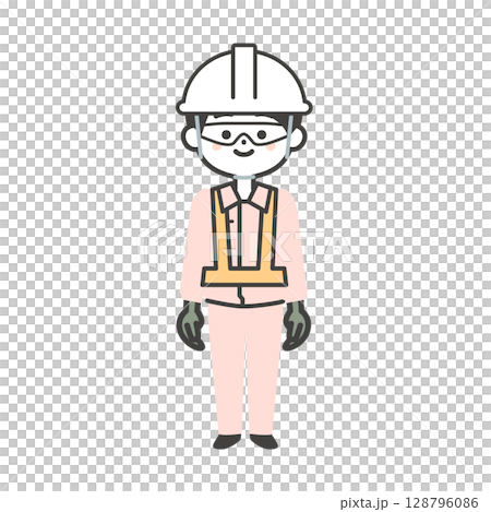 保護具を着用した3頭身の作業服姿の男性イラスト 128796086