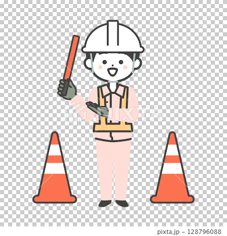Illustration of a three-dimensional man in work clothes guiding 128796088