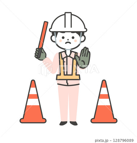 停止を促す作業服姿の3頭身男性イラスト 128796089