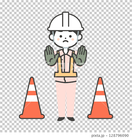 停止を促す作業服姿の3頭身男性イラスト 128796090