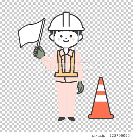 白い旗を揚げる作業服姿の3頭身男性イラスト 128796096